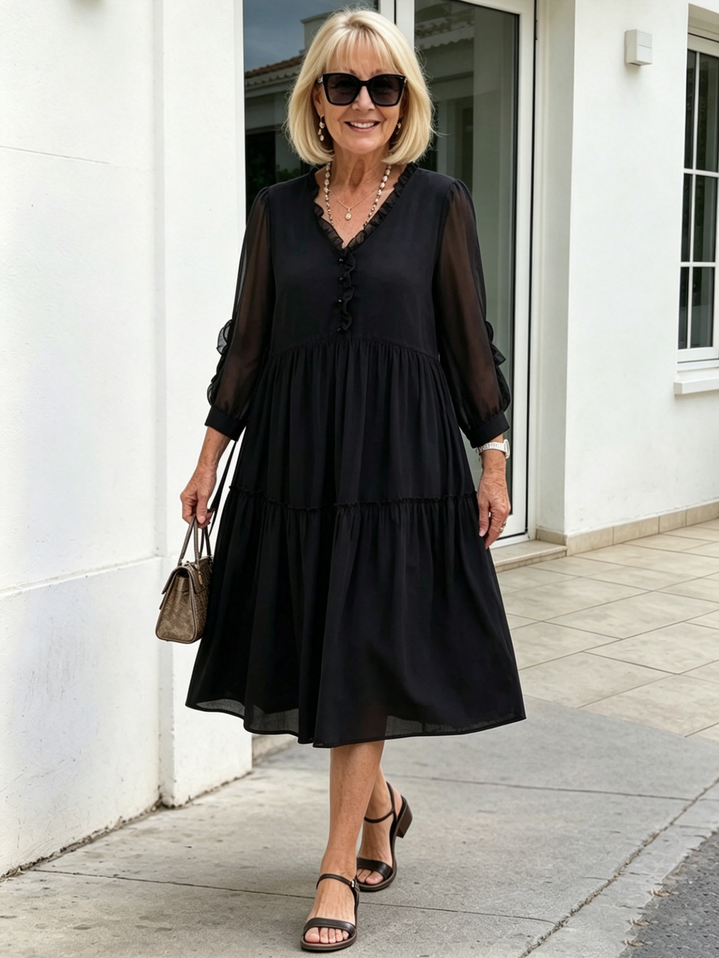 Black French Retro Tiered Midi Dress, Ruffle V-Neck Sheer 3/4 Sleeve Loose Pleated Chiffon Dress for Mature Women