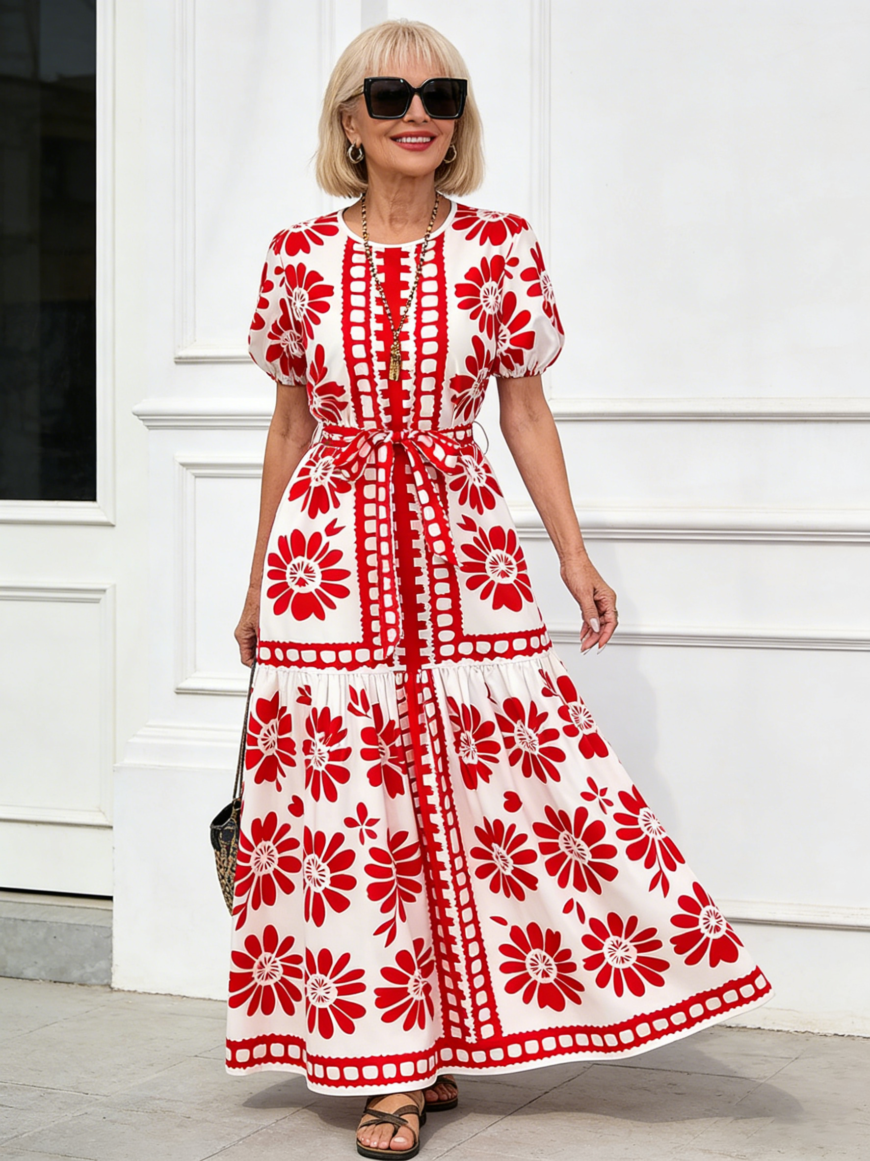 Boho Print Temperament Simple Lace-up Crew Neck Dress Vacation