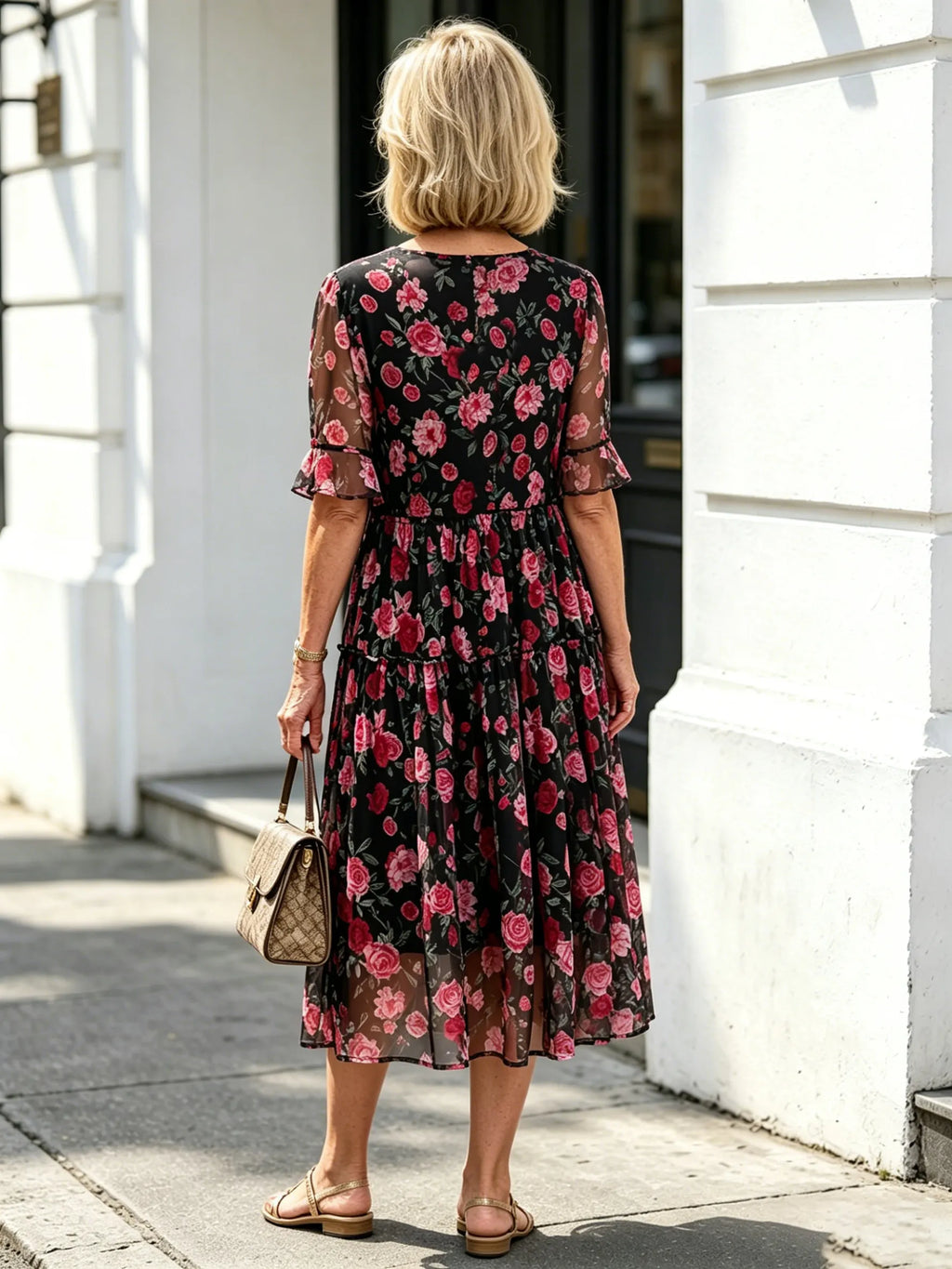 Black Rose Floral Mesh Tiered Midi Dress, V-Neck Ruffle Short Sleeve Loose Tummy Concealing Temperament Dress for Mature Women