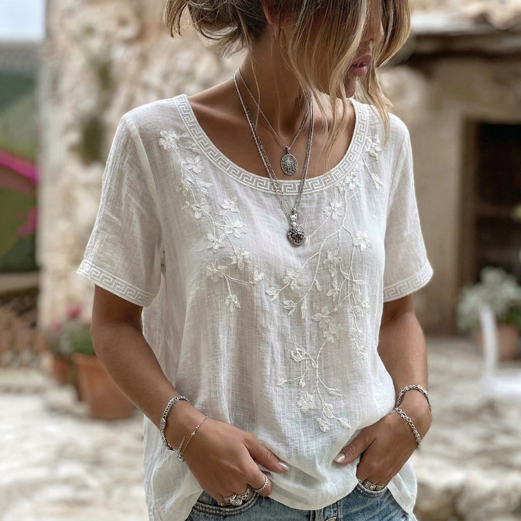 Women's Floral Pattern Linen Blend Crew Neck Short Sleeve T-shirt