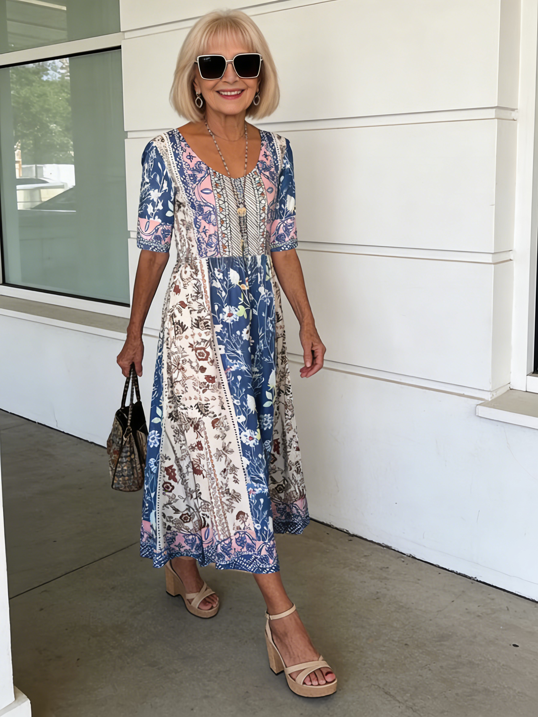 Flower Print Half Sleeve V-Neck Tunic Dress