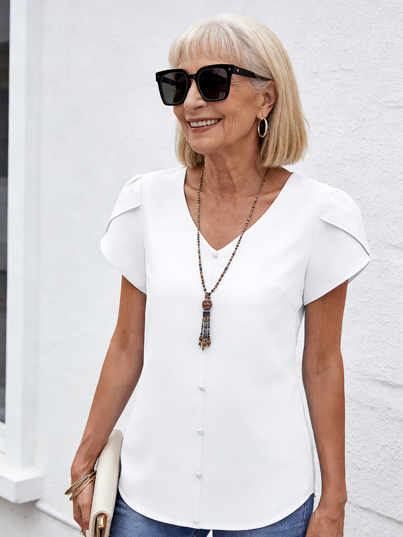 Solid Color V-neck Short-sleeved Loose Chiffon Shirt Pearl Top