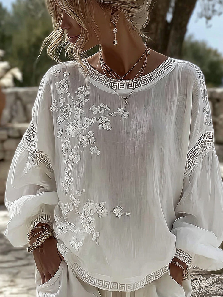 Women's Japanese Sakura Print Crew Neck Linen Blend Long Sleeve T-shirt