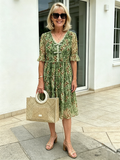 Green Floral Chiffon Tiered Midi Dress, V-Neck Frog Button Ruffle Short Sleeve Loose Casual Dress for Mature Women