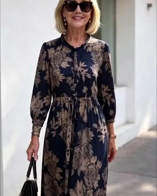 Navy Vintage Floral Maxi Dress, Ruffle Neck 3/4 Sleeve Elastic Waist Slimming Dress for Mature Women