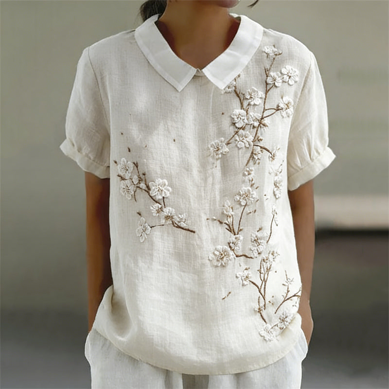 Almond Blossom Japanese Art Peter Pan Collar Linen Shirt