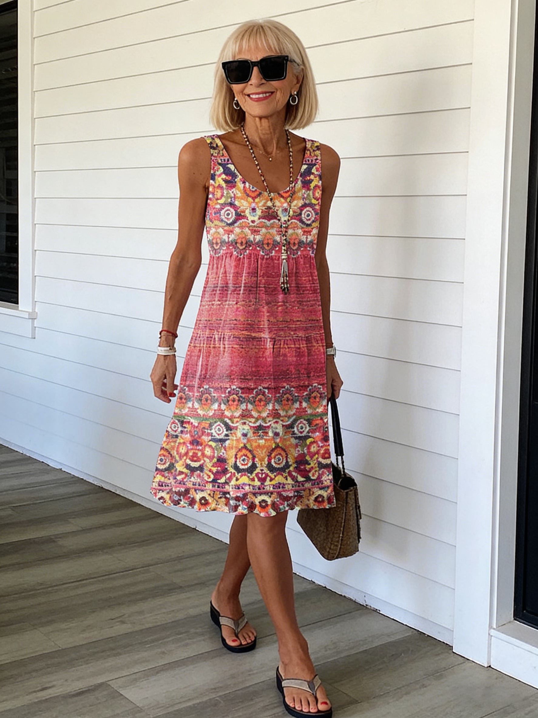 Floral Print Loose Round Neck Sleeveless Shuttle Medium and Long Dress