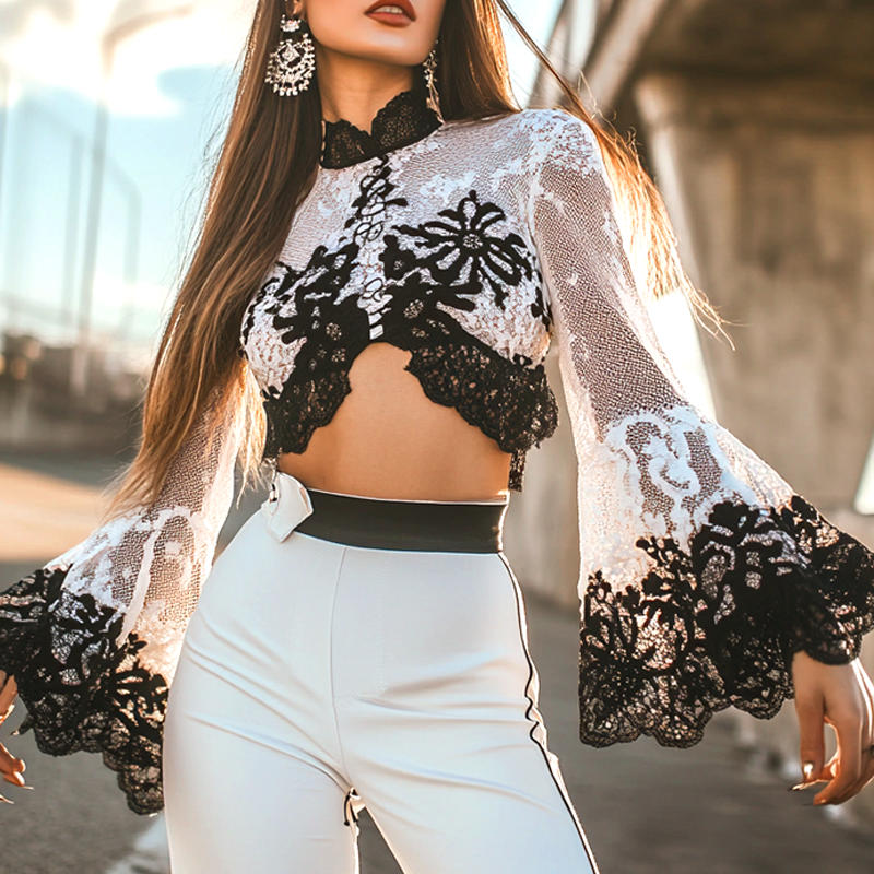 Women's Elegant Lace Crop Top With Bell Sleeves