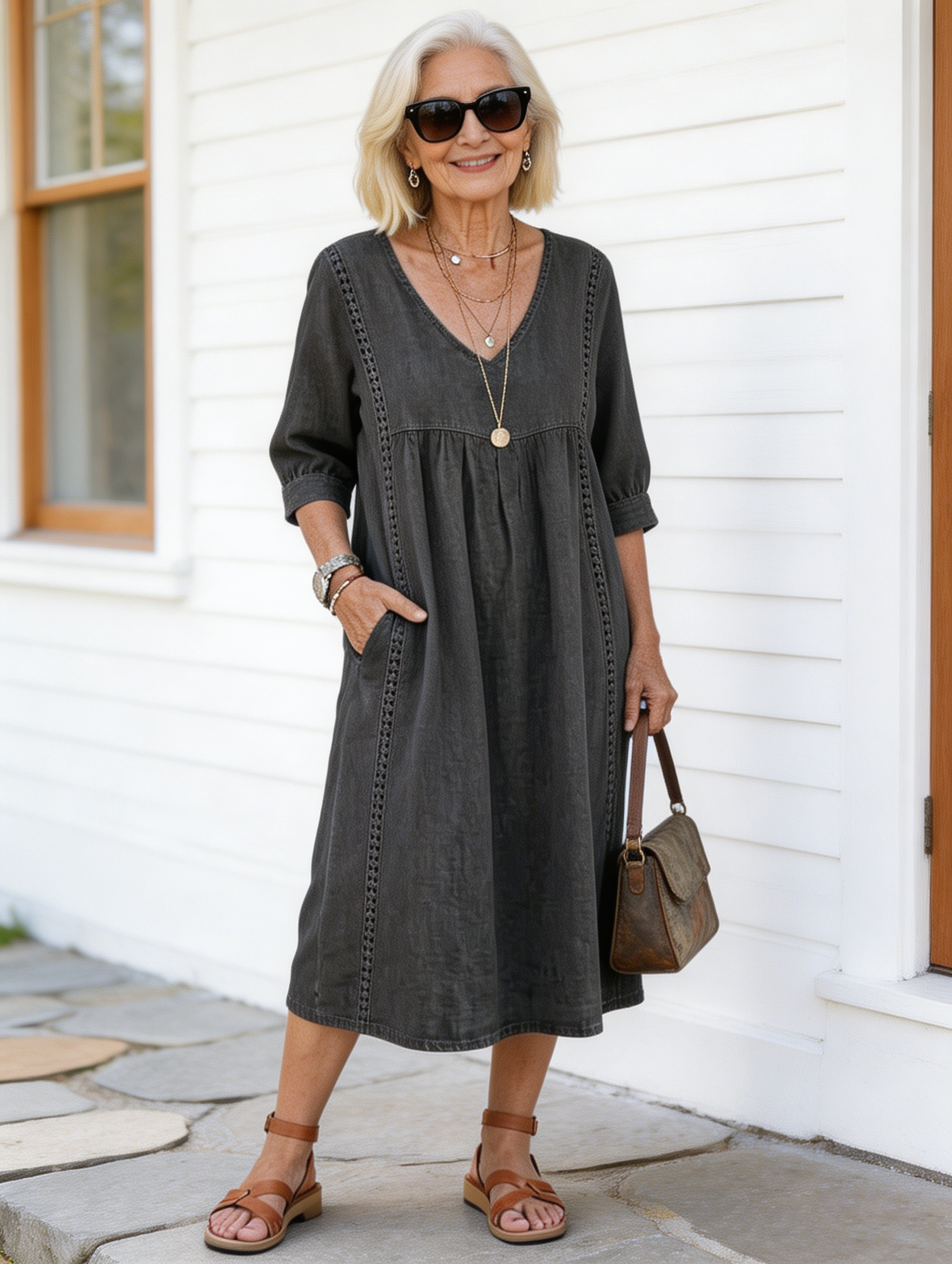 Casual Loose V-neck Splicing Lace Edge Linen Cotton Dress