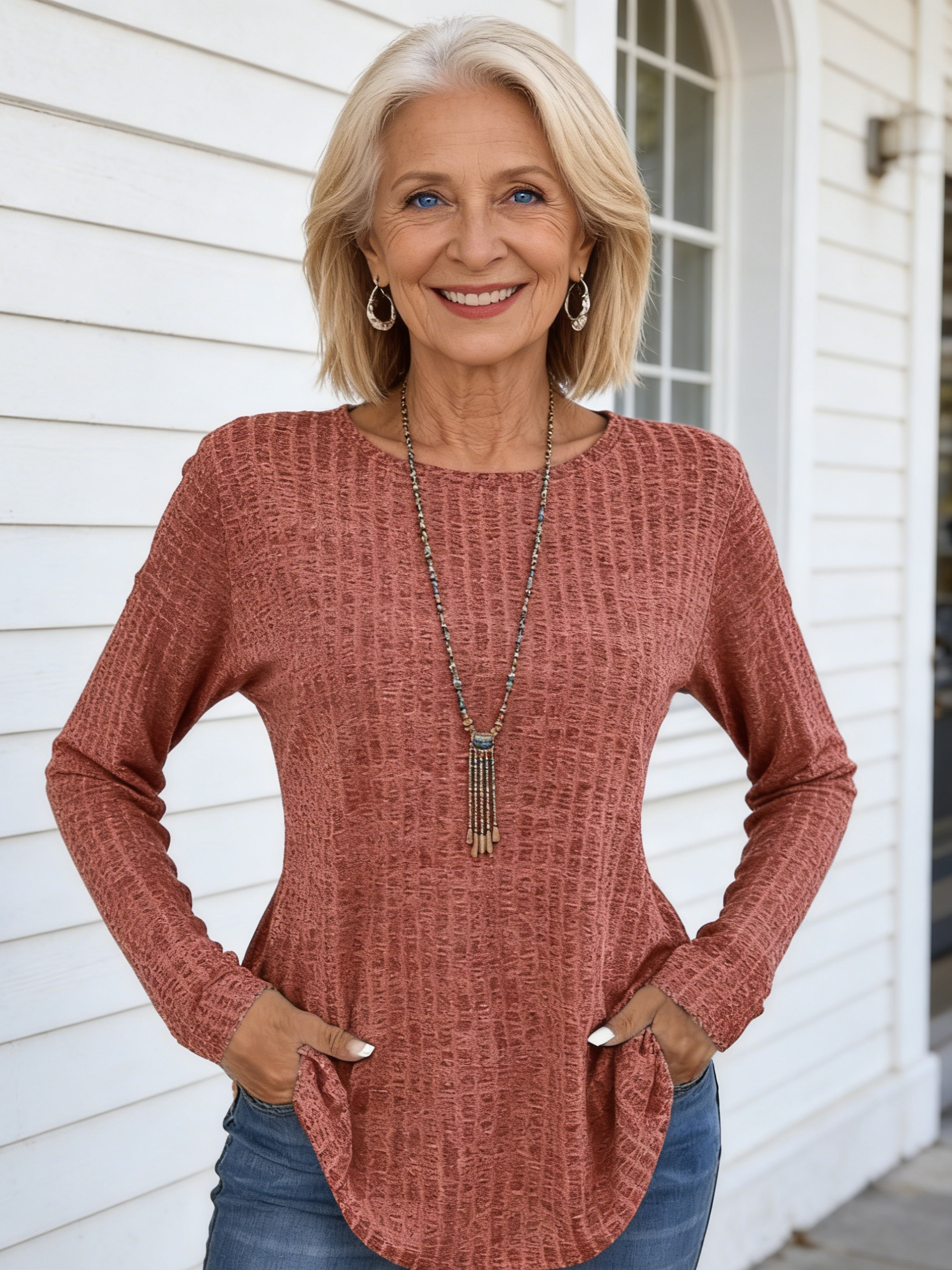 Knitted Crew Neck Pit Strip Top Long Sleeve Loose T-shirt