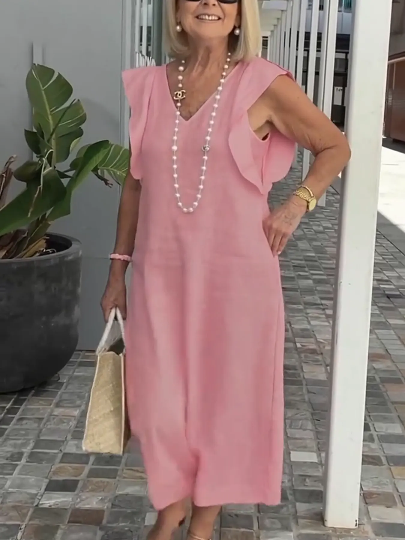 Casual Dress with Ruffle Sleeves,Back Adjustment Rope,Deep Pockets,Pure White Formal Dress, Evening Dress