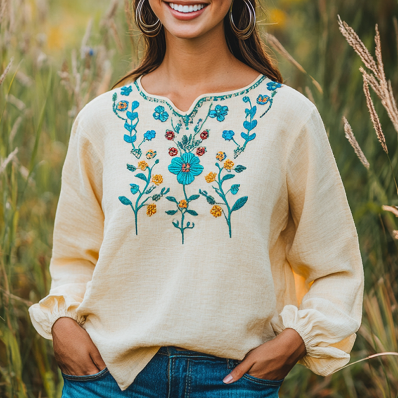 Charming Floral Mexico Embroidered Blouse For Spring And Summer
