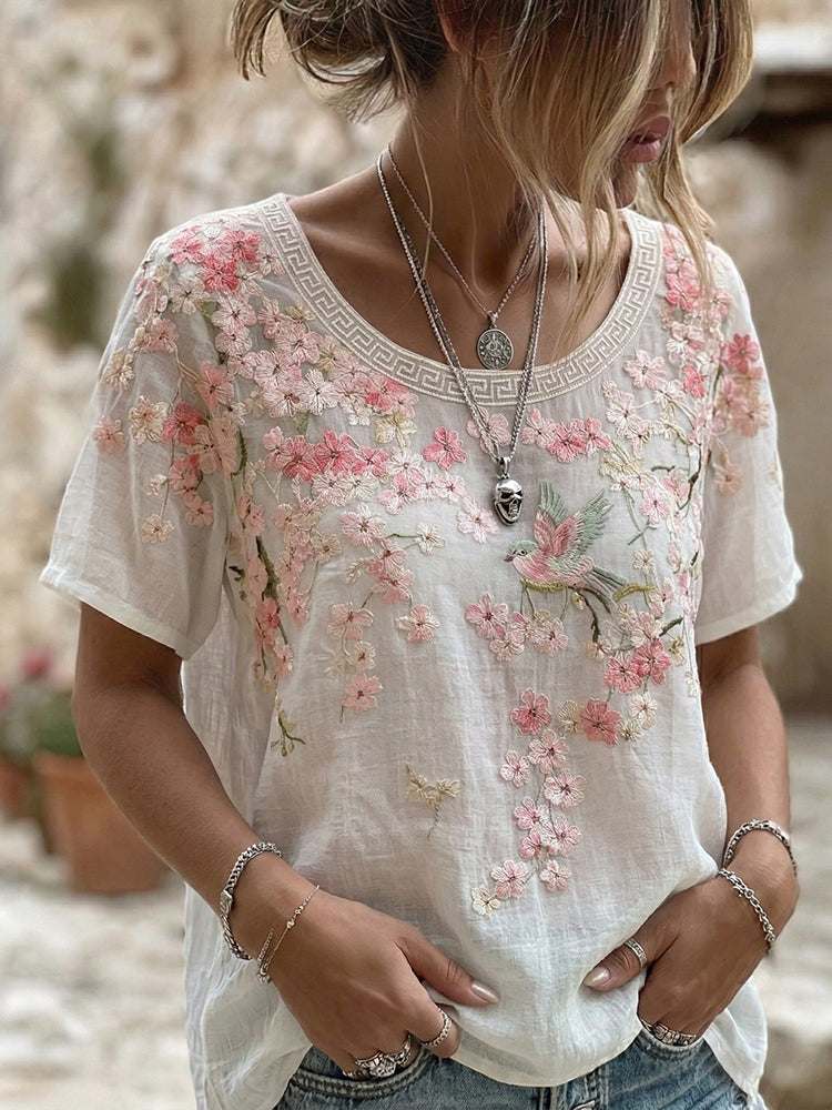 Women's Japanese Floral And Bird Art Round Neck Short Sleeve T-shirt