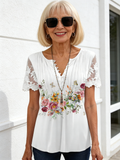 Floral Print Pleated Button Lace Sleeve Women's T-Shirt