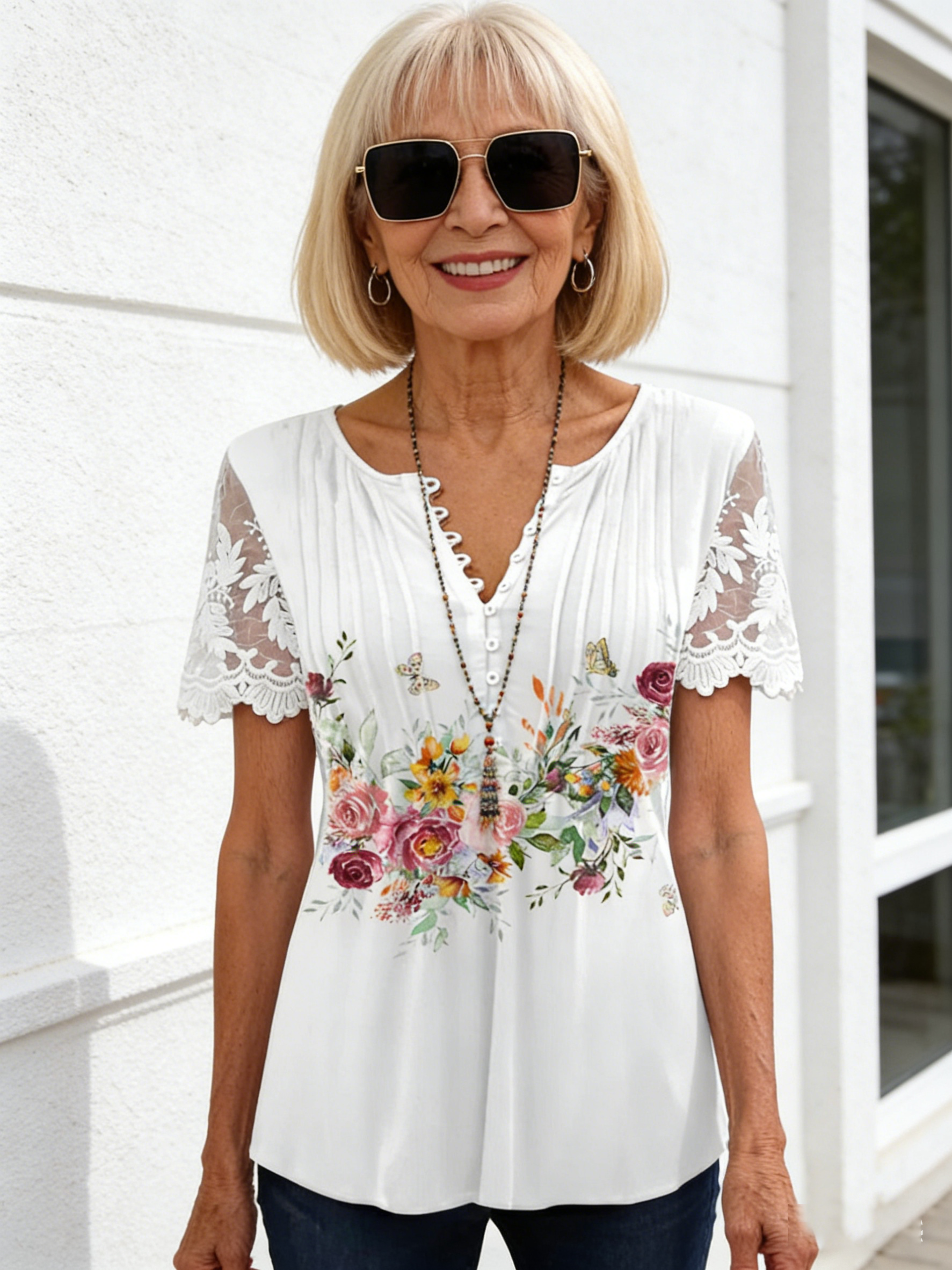 Floral Print Pleated Button Lace Sleeve Women's T-Shirt