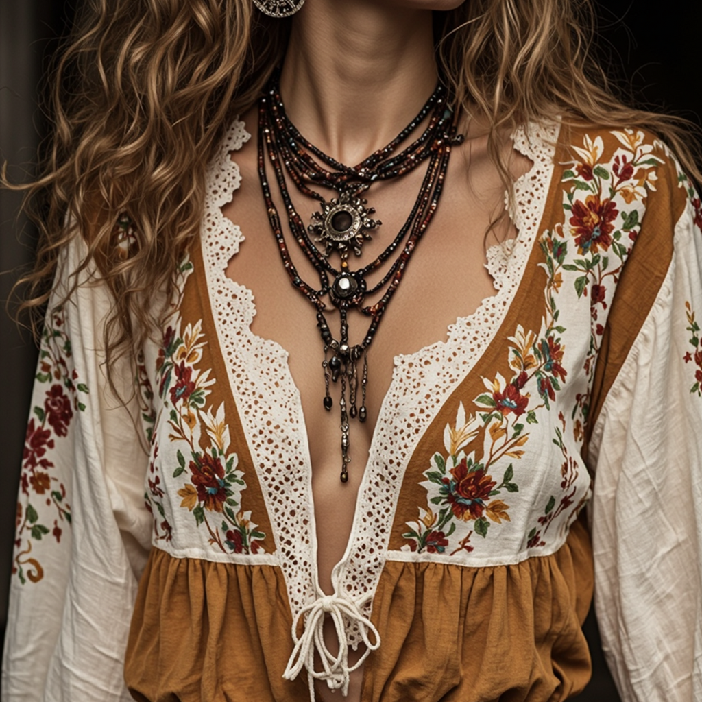 Women's Bohemian Floral Embroidered Blouse With Lace Details