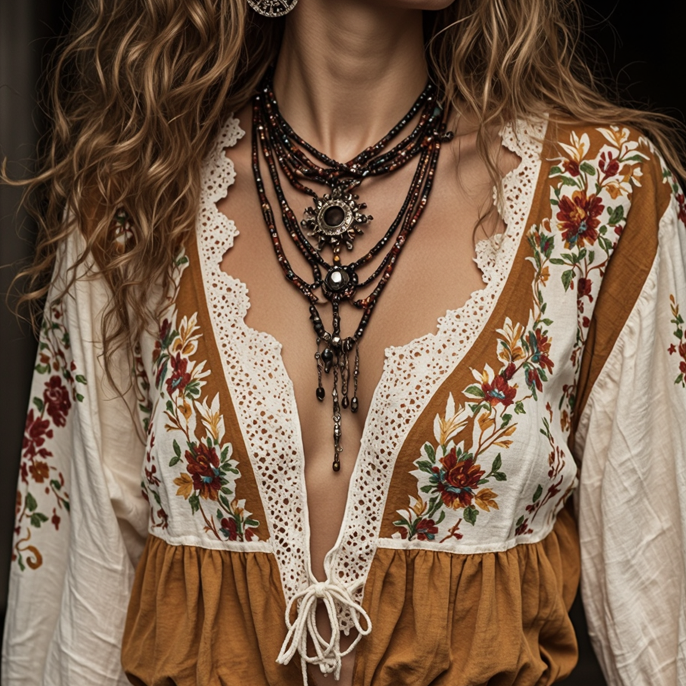 Women's Bohemian Floral Embroidered Blouse With Lace Details