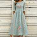Women's Vintage Rose Floral Art Flowy Linen Round Neck Dress