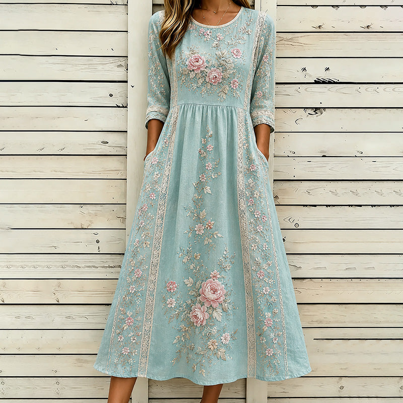 Women's Vintage Rose Floral Art Flowy Linen Round Neck Dress