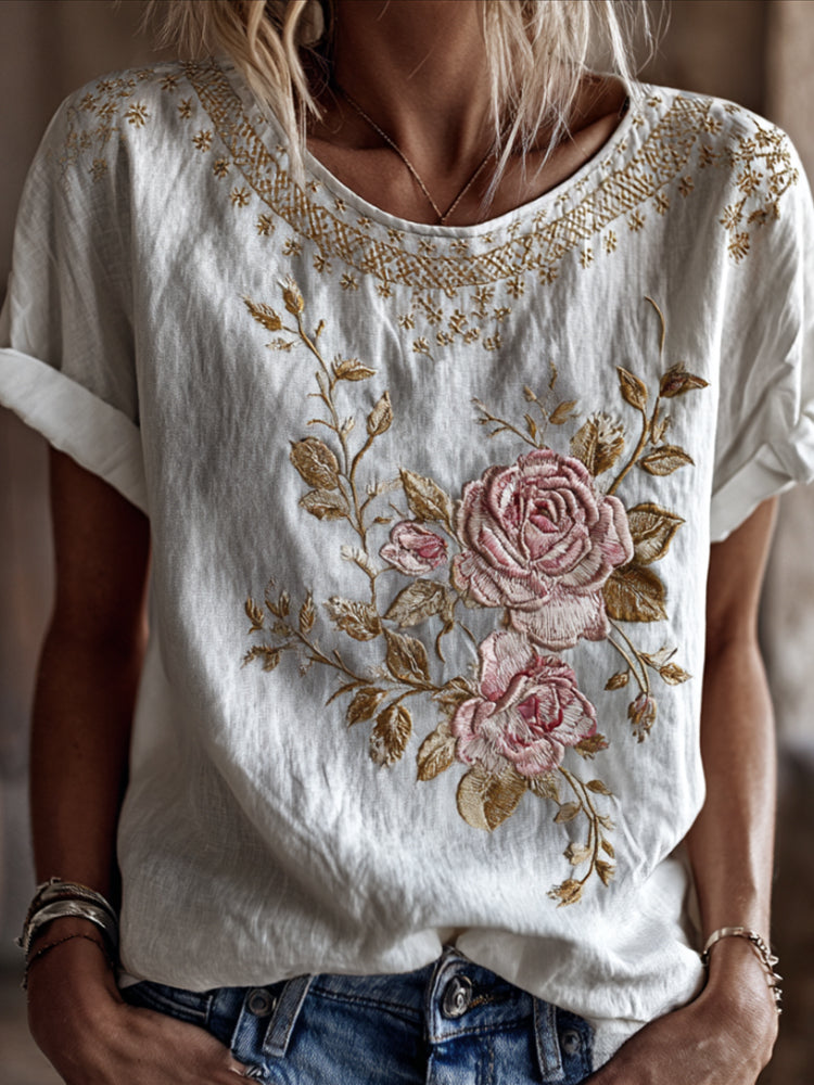 Elegant Pink Rose Embroidery Art Linen Blend Round Neck Short Sleeve Top