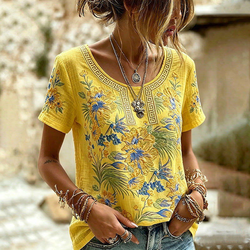 Women's Flower Art Crew Neck Short Sleeve T-shirt