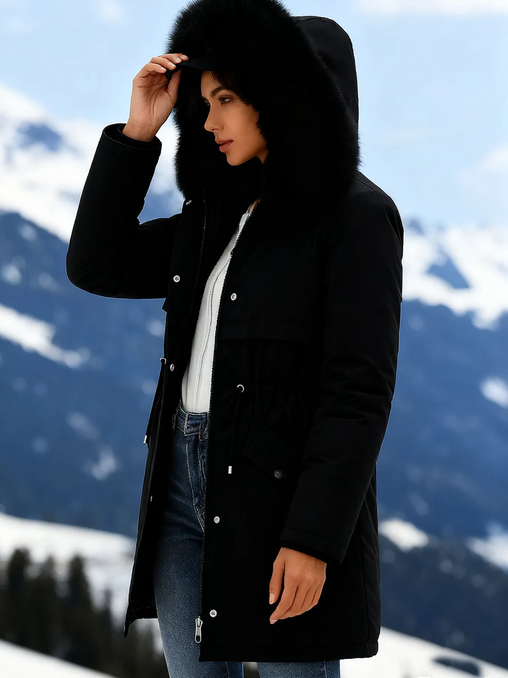Outfits Cotton-padded Jacket Medium and Long, Large Fur Collar, Down Cotton-padded Jacket, Down Cotton-padded Jacket.