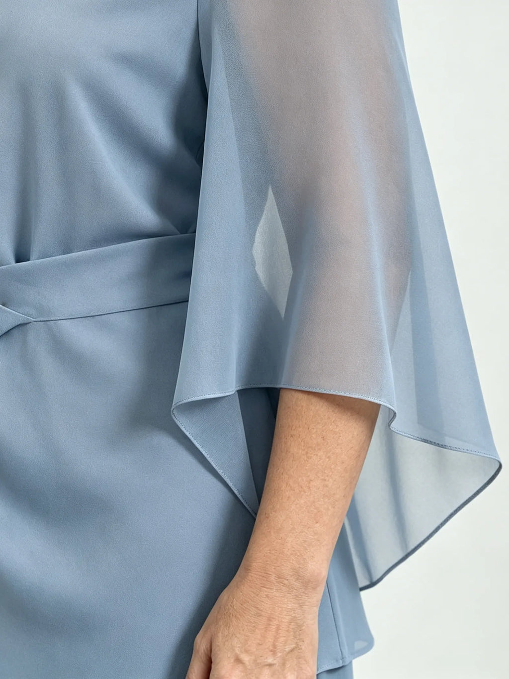 2Pcs Light Blue Chiffon 2 Piece Outfit, Irregular Twist Flare Sleeve Top & Wide Leg Pants Set for Mature Women