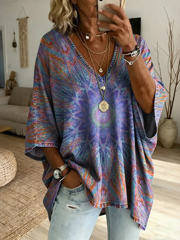 Ethnicity Retro Geometry Kaleidoscope Women's Art Print Casual Top