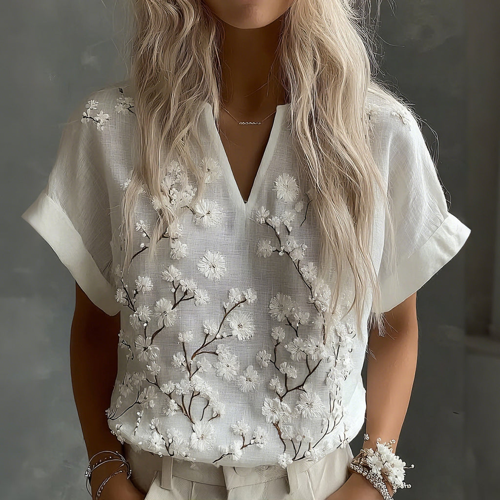 Women's Vintage Floral Embroidery Art V-neck Linen Blend Short Sleeve Top