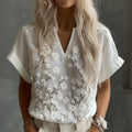 Women's Vintage Floral Embroidery Art V-neck Linen Blend Short Sleeve Top