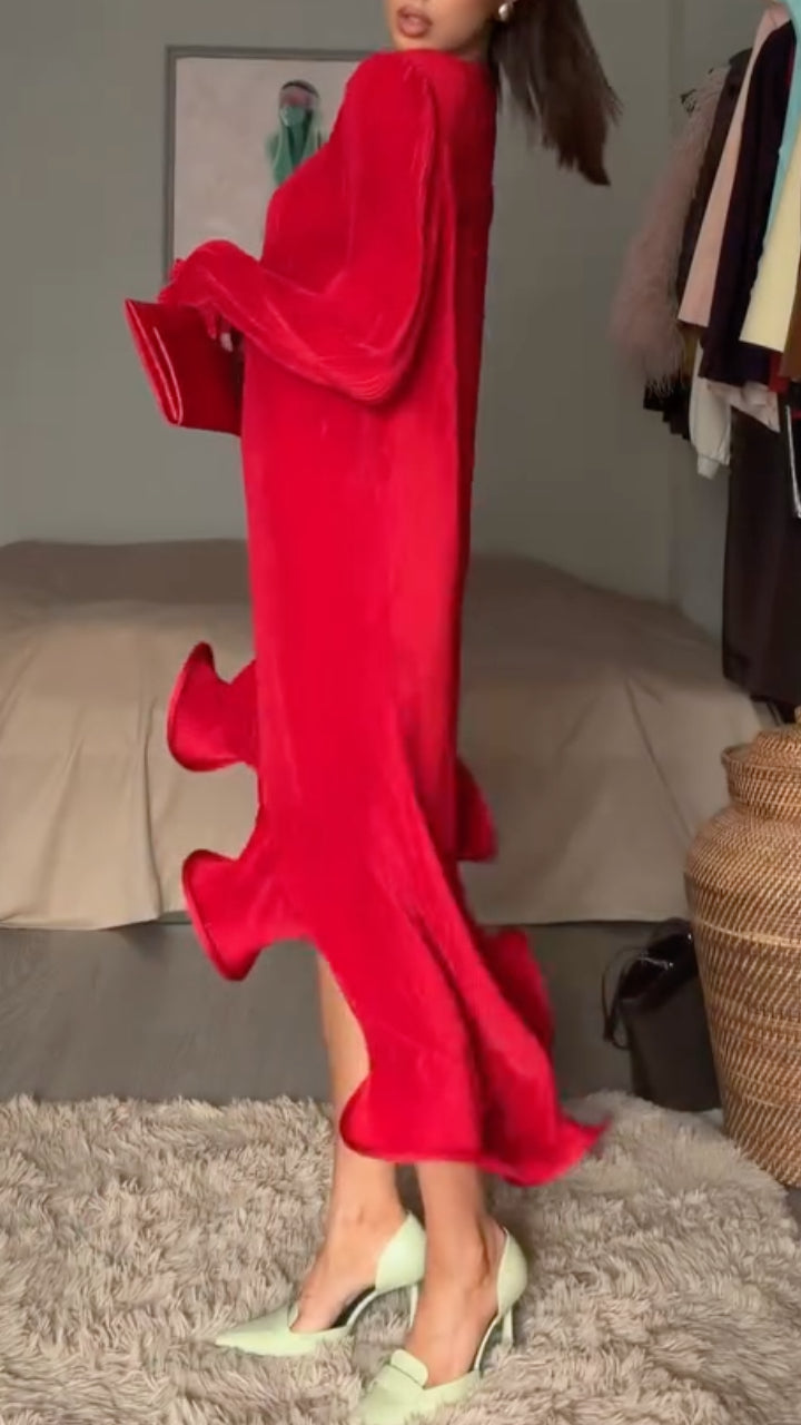 Red Pleated Ruffle Midi Evening Dress