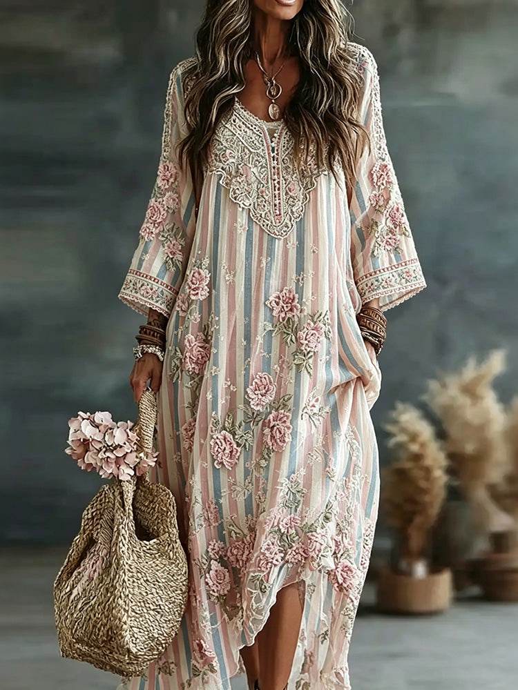 Women's Vintage Floral Vine Art Embroidery Patchwork Cotton Linen Dress