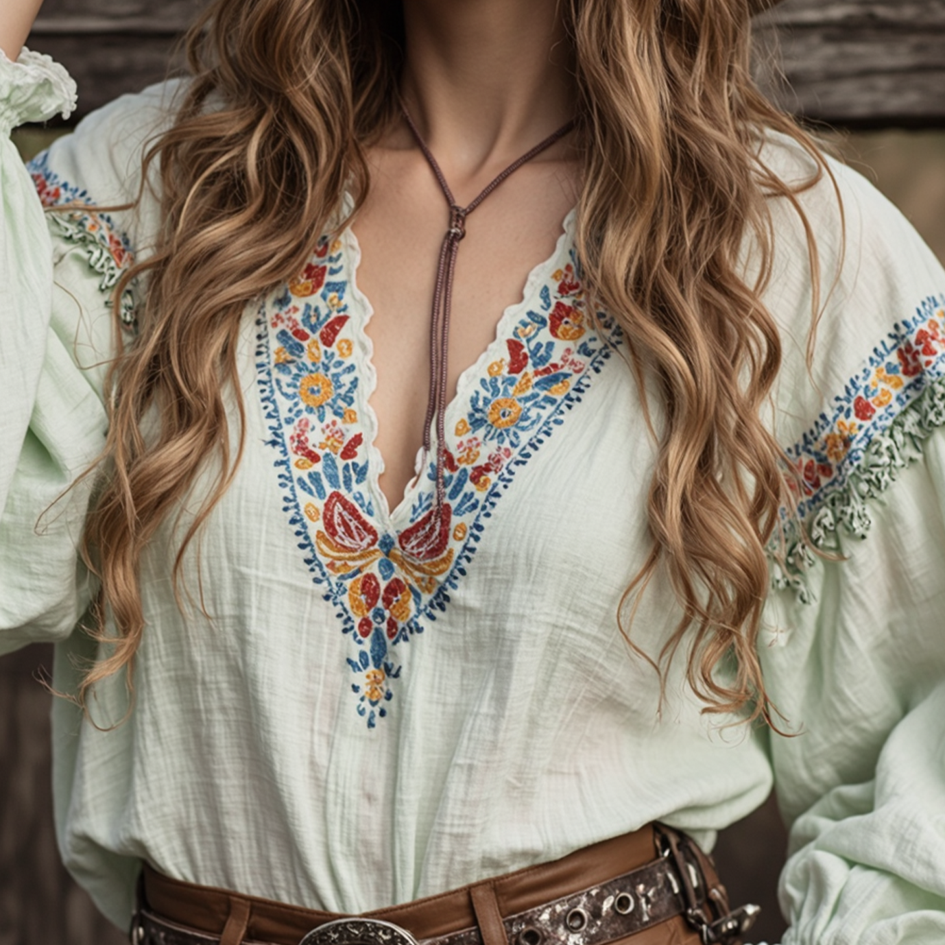Women's Bohemian Embroidered Blouse With Leather Fringe Details