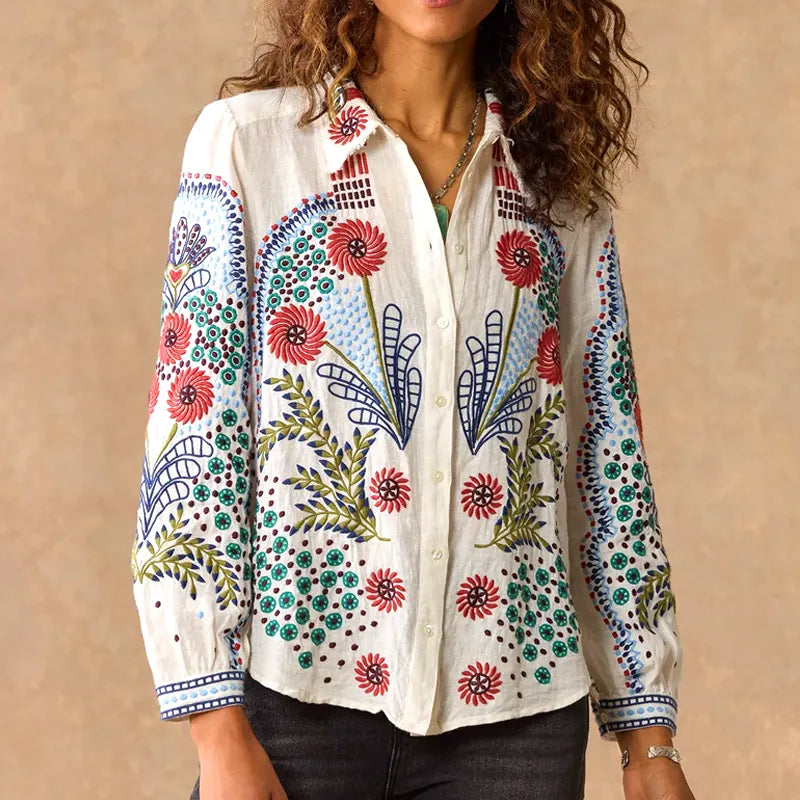 Women's Retro Flower Embroidery Button White Shirt