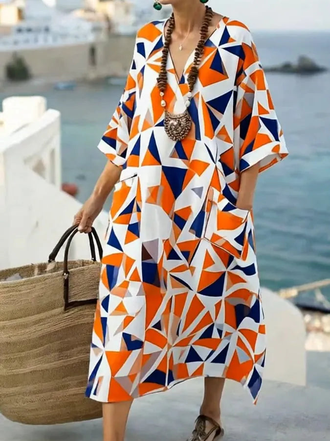 Women'S Casual Color-Block Cotton And Linen Dress