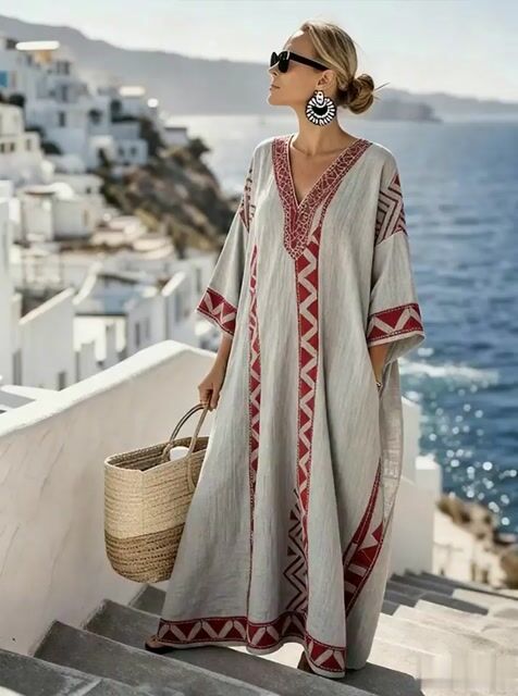 Women'S Casual Color-Block Cotton And Linen Dress