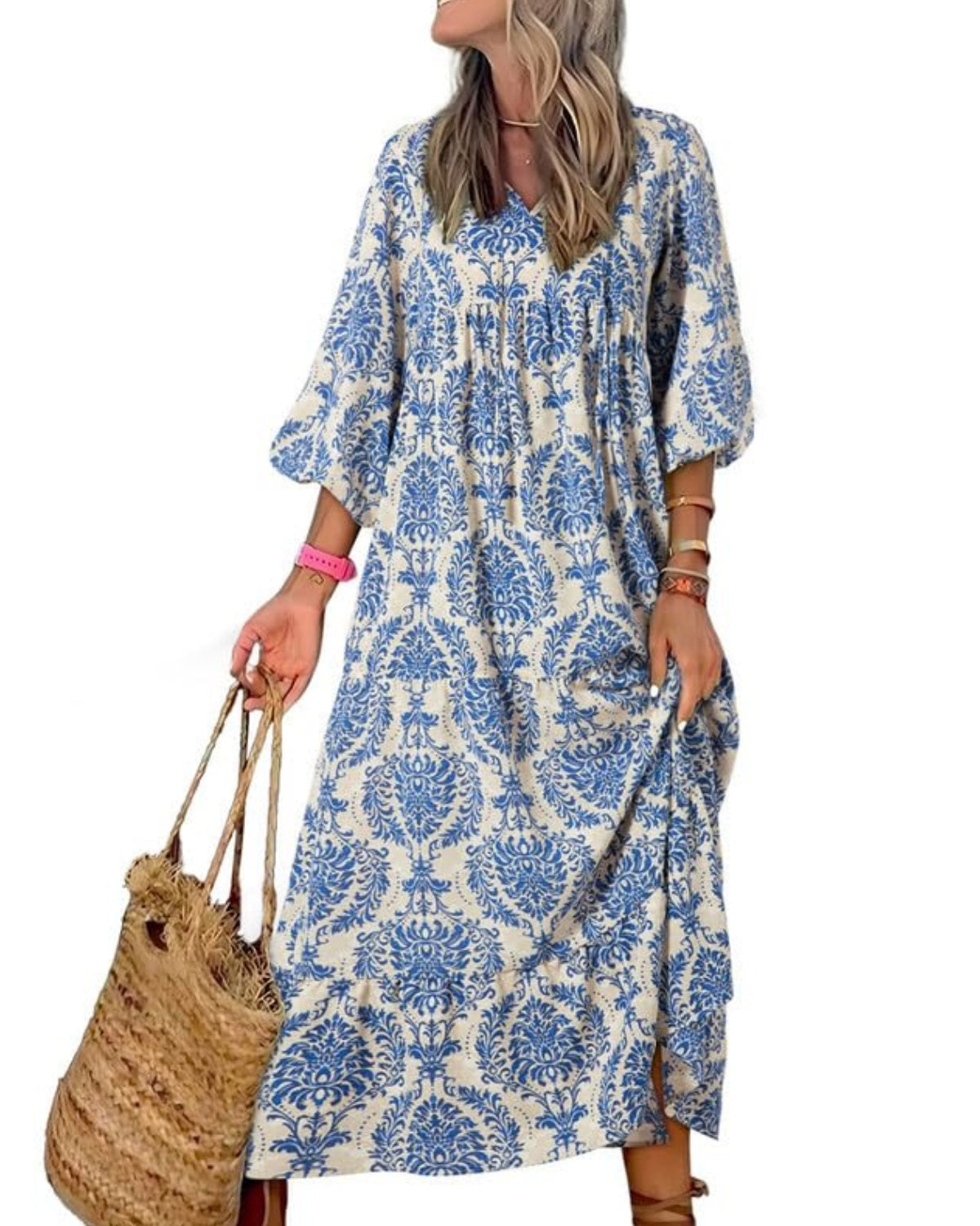 Women's Puff Sleeve Floral Boho Maxi Dress