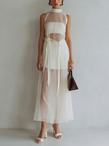 Women’s Ivory Sheer Mesh Halter Neck Maxi Dress With Inner Lining & Waist Tie MDZ2573D7T