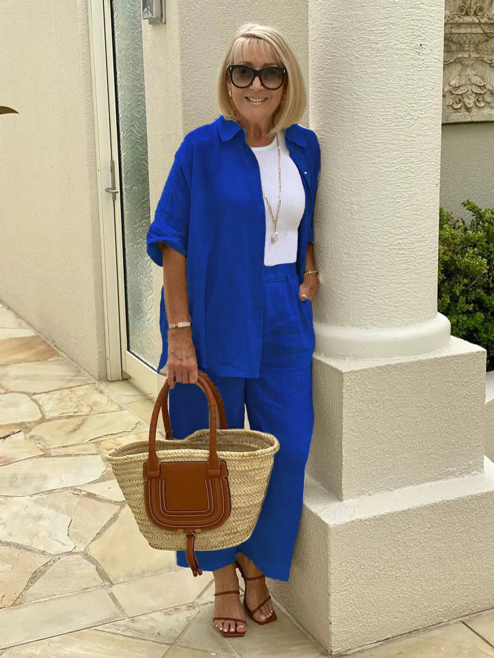 Long Sleeve Button Shirt &Minimalist Solid Two-piece Set