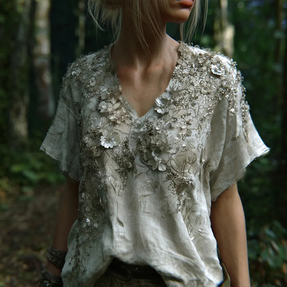 Bohemian Silver Flower Embroidery V-neck Short-sleeved Shirt