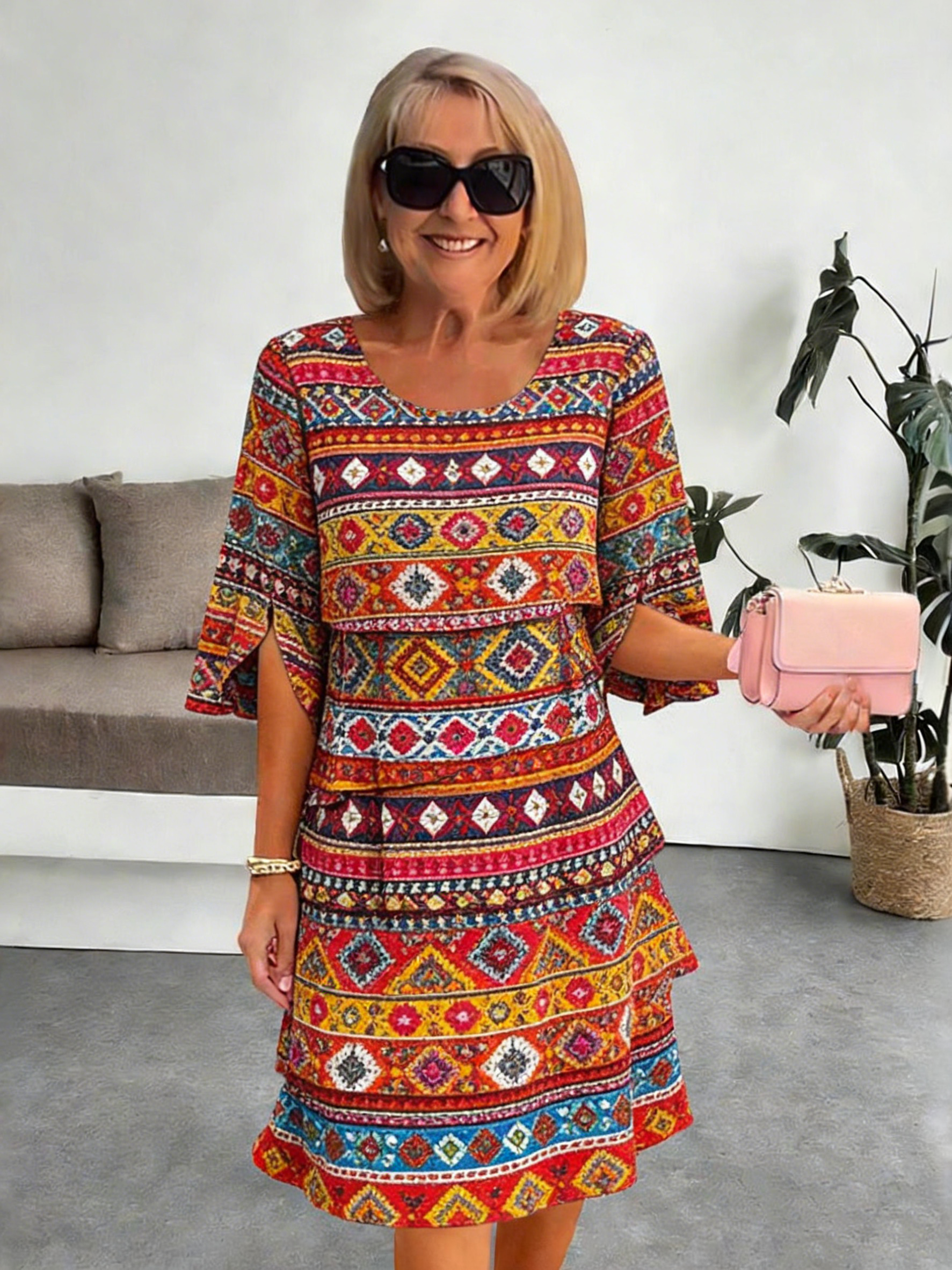 Chiffon Paisley Vacation Prints Color Round Neck Cake Skirt Splicing Dress Mid-length