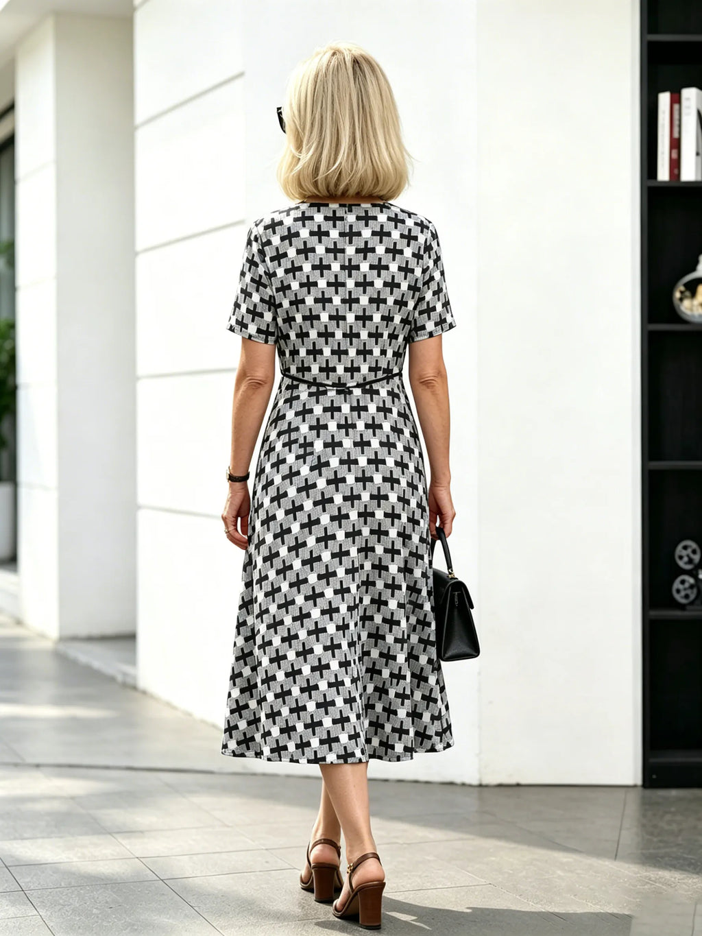 Orange Floral V-Neck Midi Dress, Short Sleeve Elastic Waist Slimming Temperament Long Dress for Mature Women
