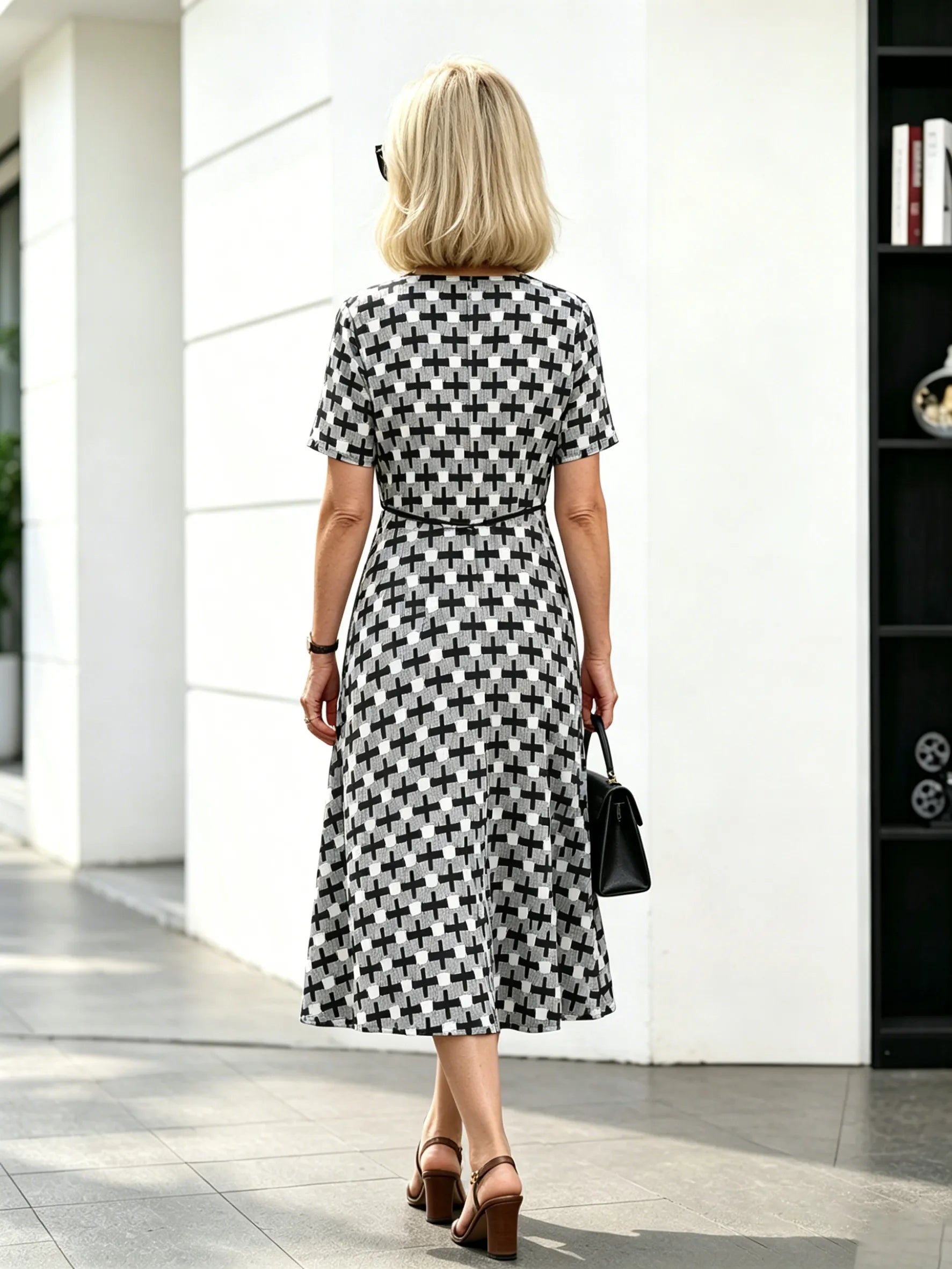 Orange Floral V-Neck Midi Dress, Short Sleeve Elastic Waist Slimming Temperament Long Dress for Mature Women