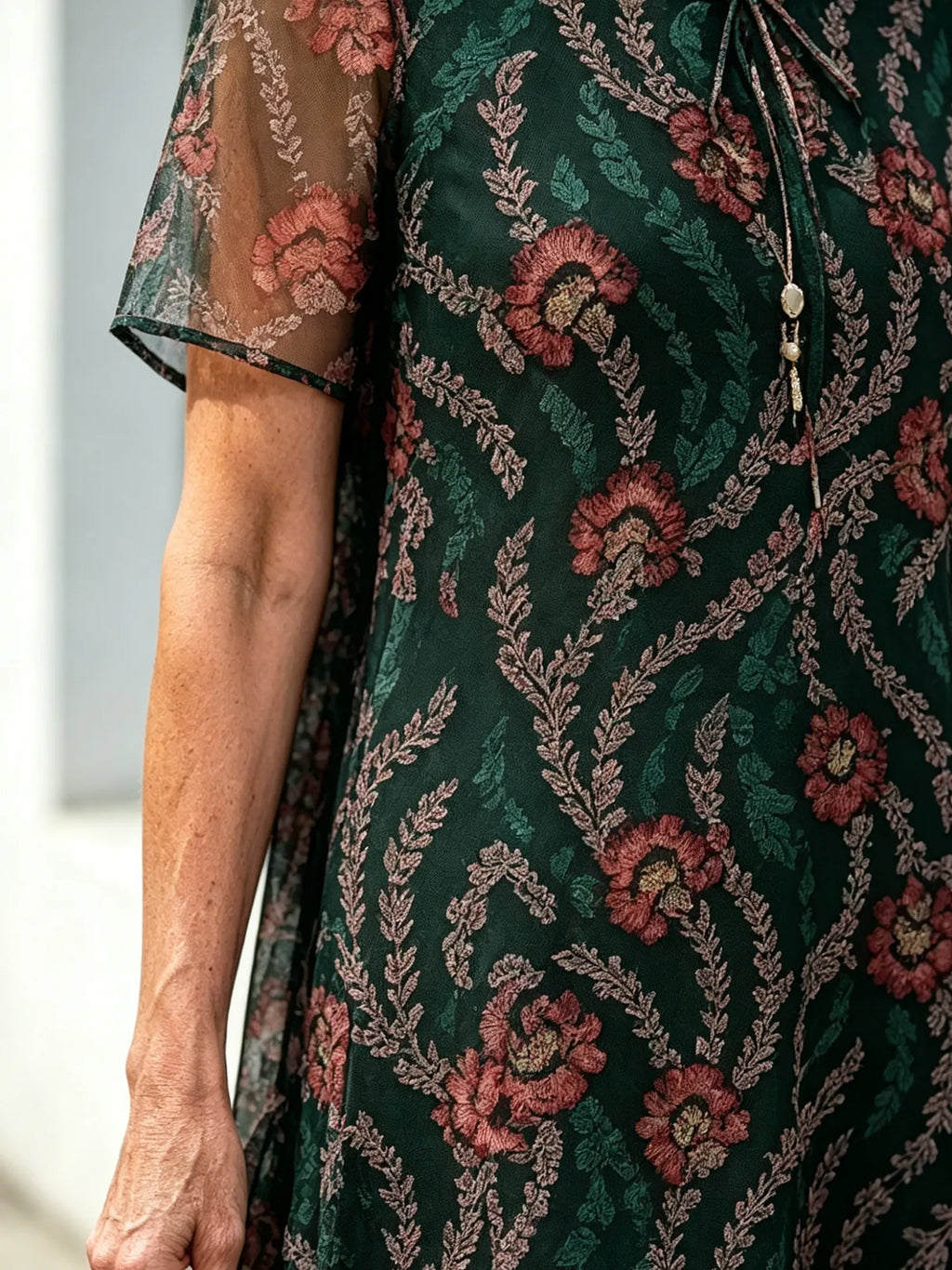 Dark Green Floral Print Mesh Midi Dress, Tie Neck Short Sleeve Loose Tummy Concealing Elegant Dress for Mature Women
