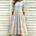 Women's Retro Rose Art Embroidery Color Block Splicing Comfortable Cotton Linen Round Neck Mid-sleeve Dress