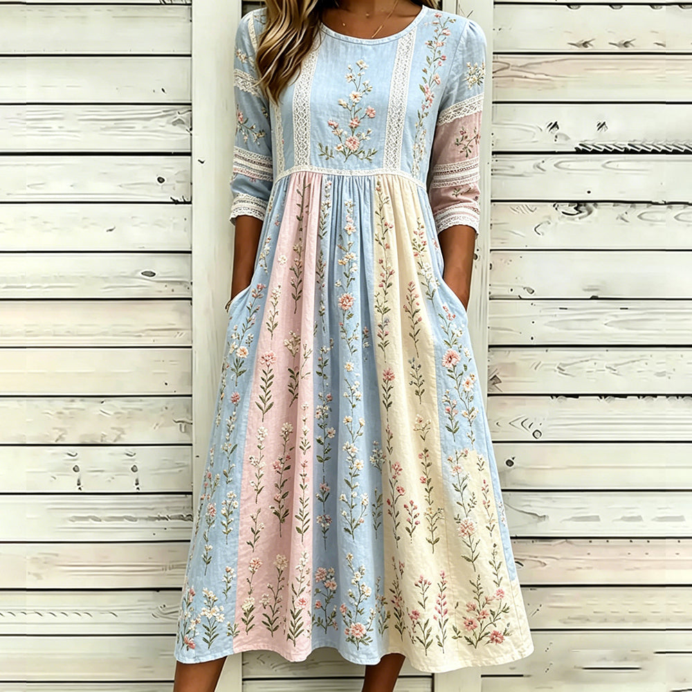 Women's Retro Rose Art Embroidery Color Block Splicing Comfortable Cotton Linen Round Neck Mid-sleeve Dress