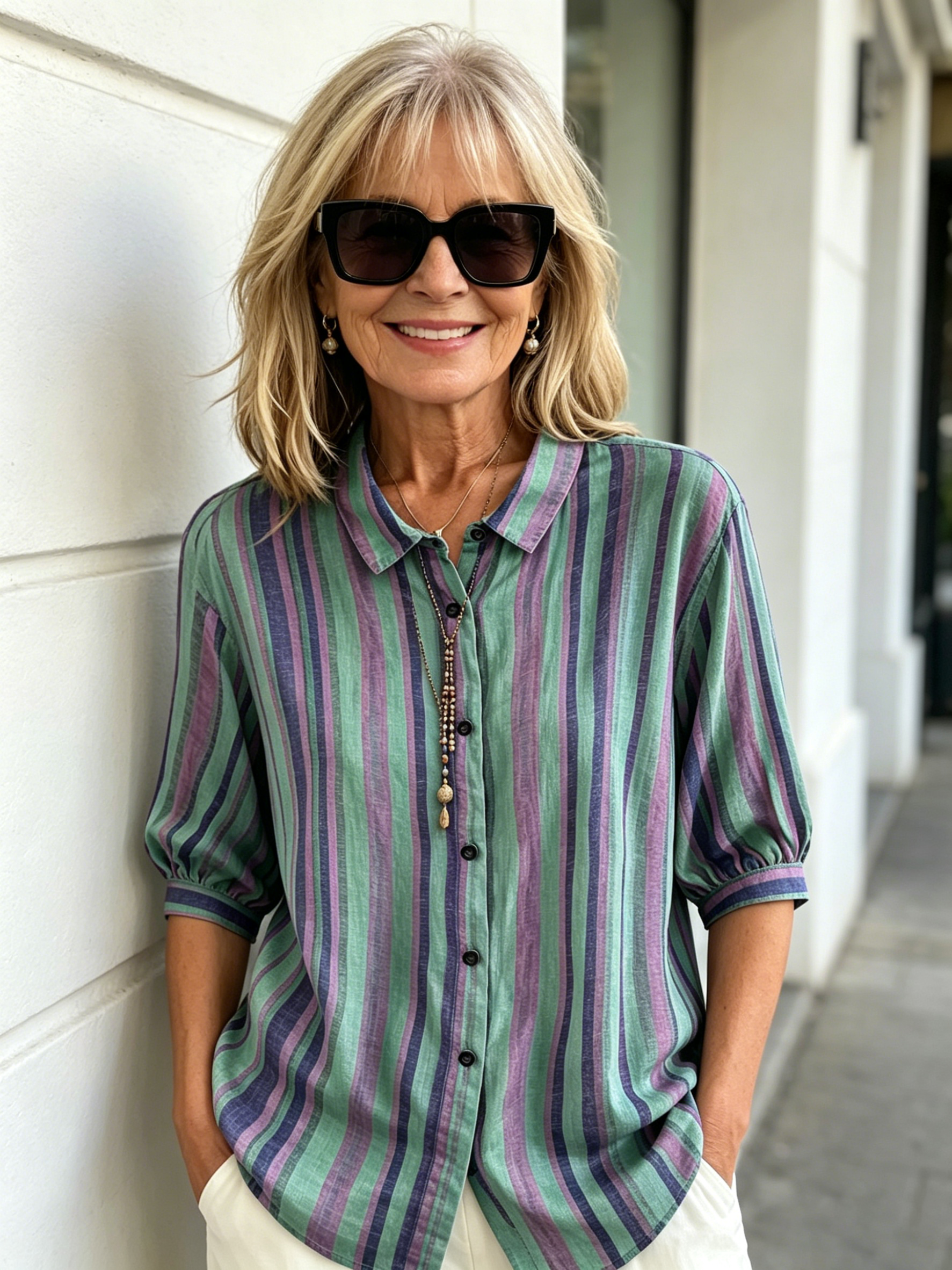Contrasting Striped Shirt Lapel Single-breasted Medium Sleeve Top Women's Shirt