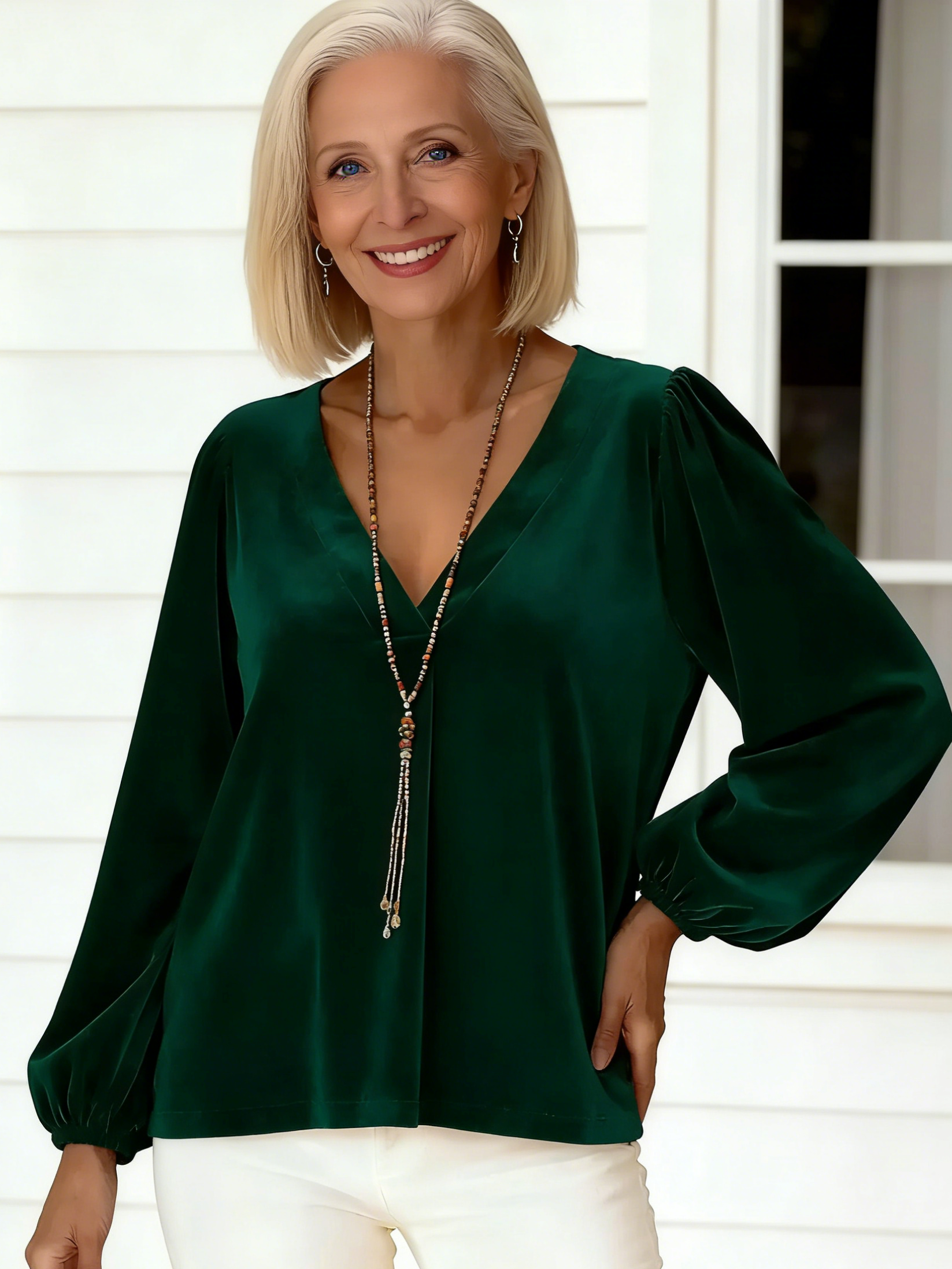 Golden Velvet V-Neck Temperament Light Luxury Lantern Sleeve T-Shirt Women's Top