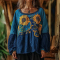 Boho Vintage Sunflower Art Inspired Cotton And Linen Round Neck Blend Loose Blouse