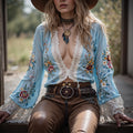 Women's Bohemian Floral Lace Top With Leather Belt